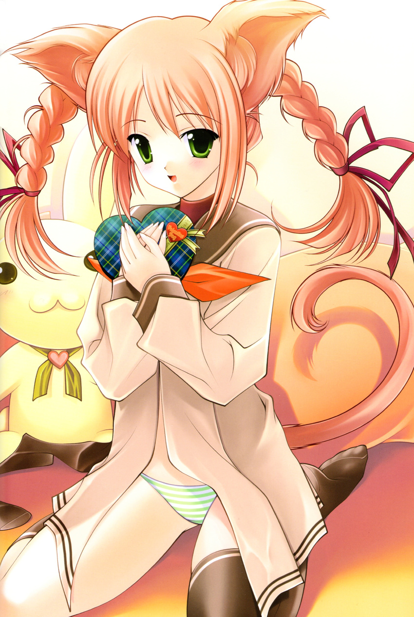 absurdres candy female green_eyes highres hirofumi_naruse kneeling lingerie long_hair naruse_hirofumi open_clothes open_mouth open_shirt orange_hair panties ribbon shimapan shirt solo striped striped_panties stripes tail thighhighs twintails underwear