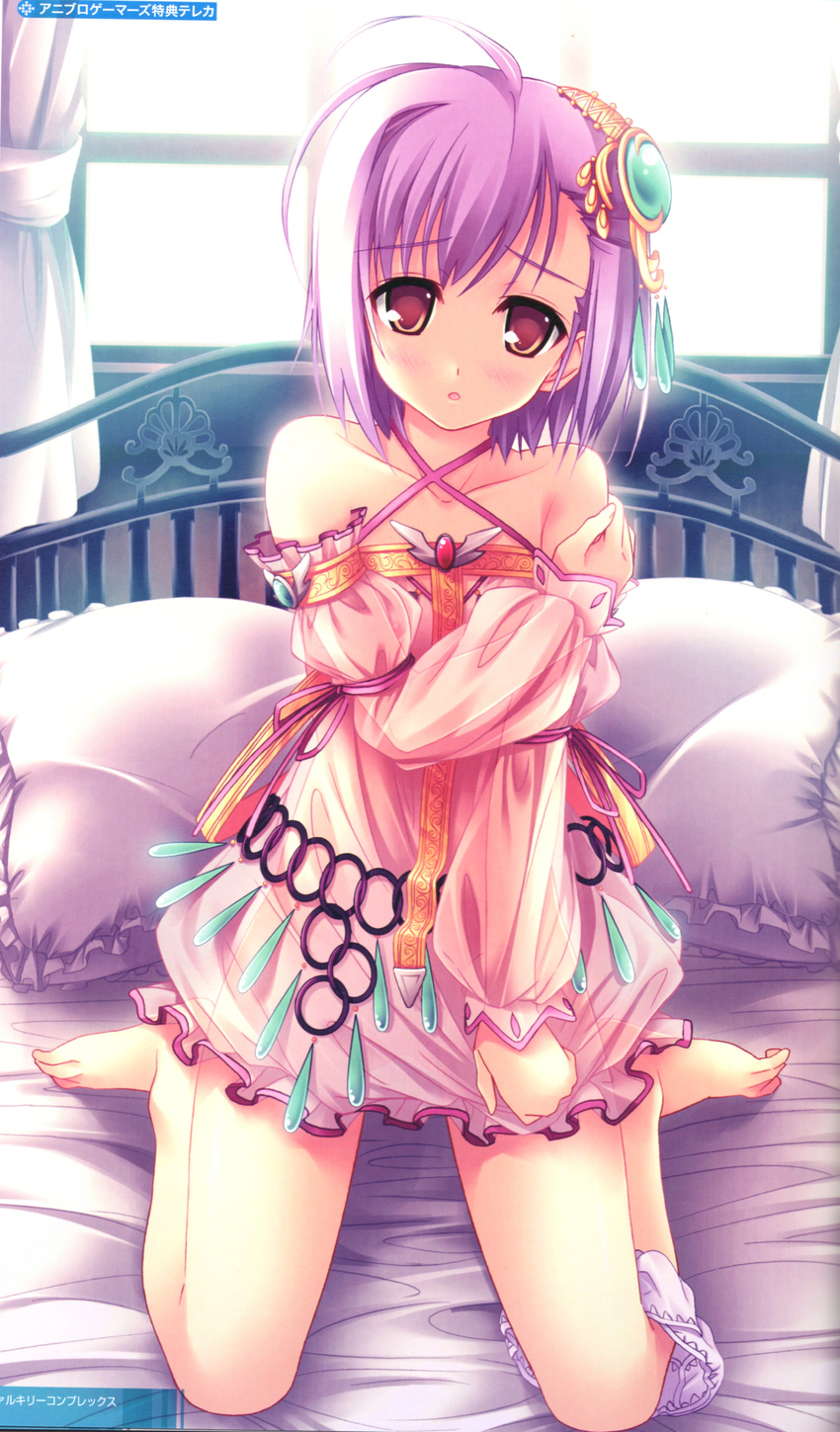 1girl absurdres akisoba amakusa_tobari barefoot bed circus_(studio) highres mapul purpel_hair purple_eyes purple_hair short_hair underwear valkyrie_complex