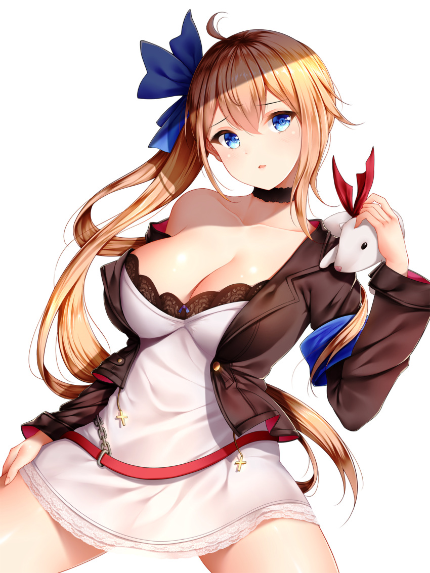 1girl ahoge animal animal_on_shoulder bangs blonde_hair blue_bow blue_eyes blush bow breasts brown_hair choker cleavage collarbone cross dress eyebrows_visible_through_hair fal_(girls_frontline) ferret girls_frontline highres jacket lace lace_choker large_breasts long_hair looking_at_viewer off_shoulder open_clothes open_jacket open_mouth ribbon side_ponytail simple_background single_thighhigh solo thighhighs very_long_hair white_background wsman