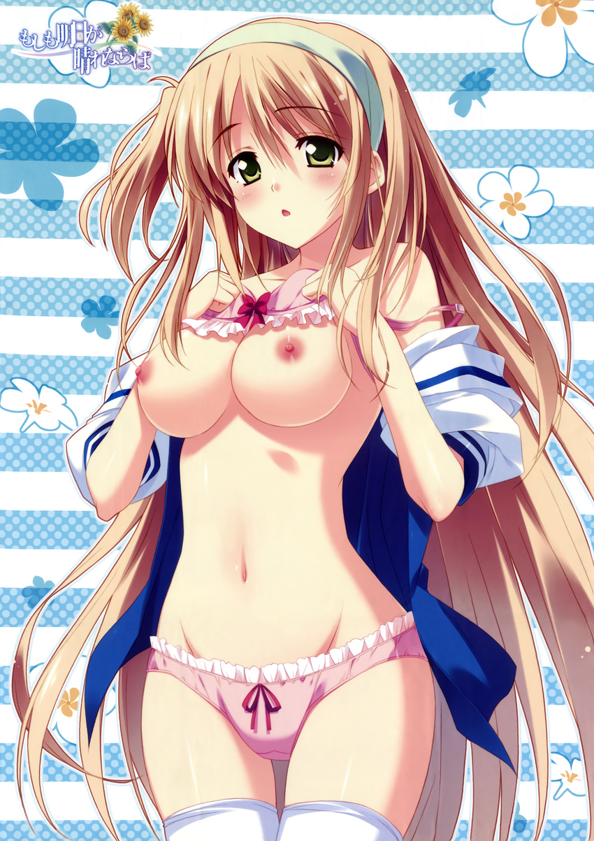 1girl absurdres bare_shoulders blonde_hair blush bra bra_lift breasts green_eyes hairband highres huge_filesize kusukusu long_hair moshimo_ashita_ga_hare_naraba mound_of_venus navel nipples nonosaki_akiho off_shoulder one_side_up open_mouth palette panties pink_bra pink_panties school_uniform seifuku solo strap_slip thighhighs underwear very_long_hair white_legwear