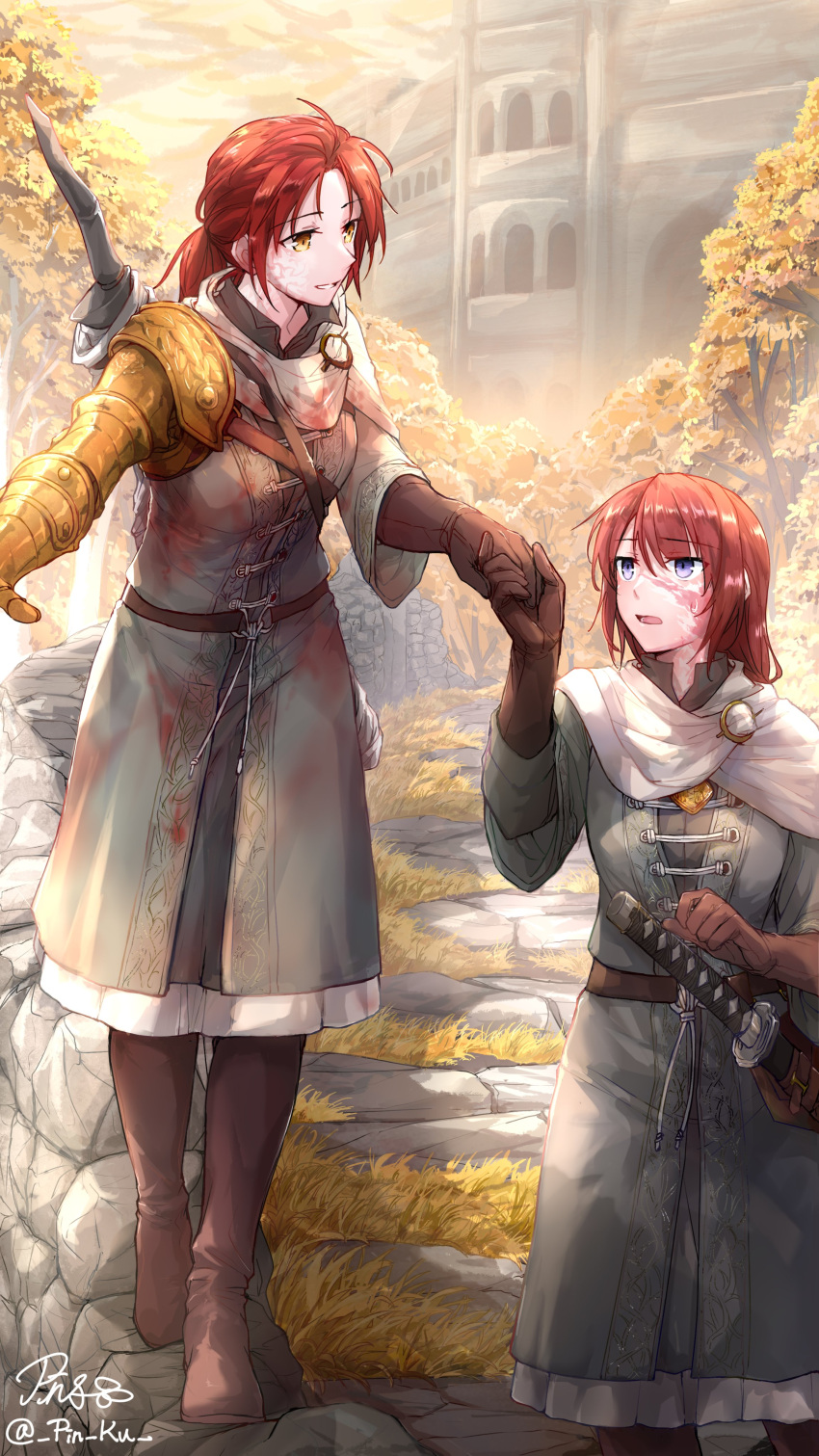 2girls absurdres amputee bangs blood blood_on_clothes blue_eyes brown_footwear brown_gloves brown_tunic cloak elden_ring gloves grin highres holding_hands long_hair looking_at_another low-tied_long_hair mechanical_arms millicent_(elden_ring) multiple_girls open_mouth outdoors pin.s prosthesis prosthetic_arm red_hair scar scar_on_face siblings signature single_mechanical_arm sisters smile strap sword sword_behind_back tarnished_(elden_ring) tree walkway weapon yellow_eyes