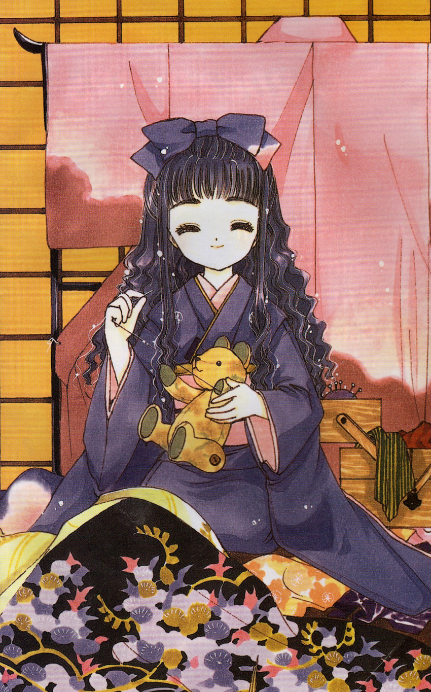 90s absurdres black_hair cardcaptor_sakura clamp daidouji_tomoyo fabric highres holding_needle japanese_clothes kimono needle official_art pincushion sewing solo toolbox