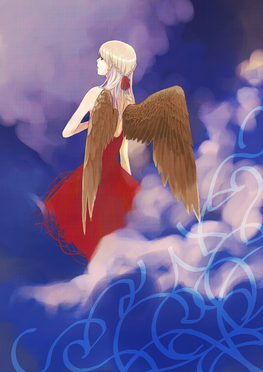 backless_dress backless_outfit bad_id bad_pixiv_id blonde_hair bow cloud copyright_request dress from_behind hair_bow half_updo highres kurasawa_moko long_hair looking_back red_dress solo wings