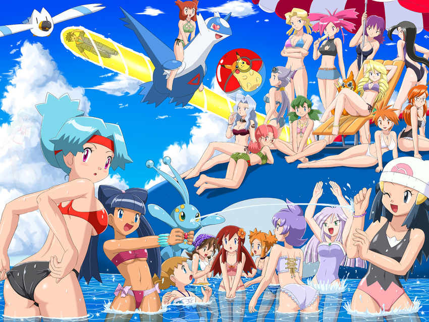 adjusting_clothes adjusting_swimsuit ai_(pokemon) annotated aria_(pokemon) arms_up ass asuna_(pokemon) azami_(pokemon) azusa_(pokemon) bandana beanie between_breasts bikini black_hair blonde_hair blue_eyes blue_hair blush breasts brown_eyes brown_hair buizel cigarette cleavage cleavage_cutout cloud day denim denim_skirt elite_four everyone fleura_(pokemon) food frontier_brain gen_1_pokemon gen_3_pokemon gen_4_pokemon ghost glasses goggles green_eyes green_hair gym_leader hair_up hat headband heart hikari_(pokemon) hinata_(pokemon) hiromi_(pokemon) holding holding_pokemon jewelry kanna_(pokemon) kanon_(pokemon) karin_(pokemon) kurumi_(pokemon) kyogre large_breasts latios lila_(pokemon) long_hair manaphy medium_breasts midriff mii_snowdon miku_(pokemon) mint_(pokemon) mirai_(pokemon) mirei_(pokemon) multiple_girls nagi_(pokemon) navel necklace ocean one_eye_closed open_mouth orange_hair outdoors pikachu pink_eyes pink_hair pokemoa pokemon pokemon_(anime) pokemon_(classic_anime) pokemon_(creature) pokemon_(game) pokemon_ag pokemon_card_gb pokemon_colosseum pokemon_emerald pokemon_m01 pokemon_m02 pokemon_m03 pokemon_m04 pokemon_m05 pokemon_m09 pokemon_ranger pokemon_rse pokemon_trading_card_game popsicle prim_(pokemon) purple_eyes purple_hair red_eyes red_hair sexually_suggestive short_hair side-tie_bikini skirt sky small_breasts smile summer surprised swimsuit takeshi_(pokemon) twintails uchikido_(pokemon) umbrella underboob wallpaper water when_you_see_it wingull