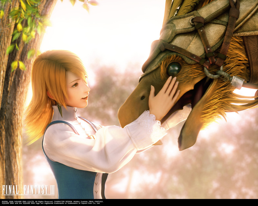 3d :d bangs bird chocobo day earrings final_fantasy final_fantasy_iii hug jewelry lace leaf long_hair monster nature official_art open_mouth orange_eyes orange_hair outdoors parted_bangs profile realistic refia sky smile solo tree turtleneck upper_body vest wallpaper