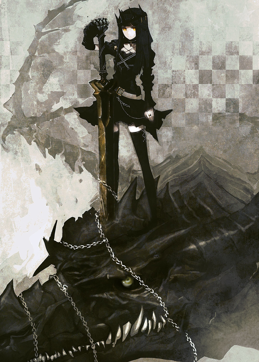 black_hair black_rock_shooter chain crown dragon dragon_slayer fantasy highres huke long_hair original solo standing sword thighhighs weapon zettai_ryouiki