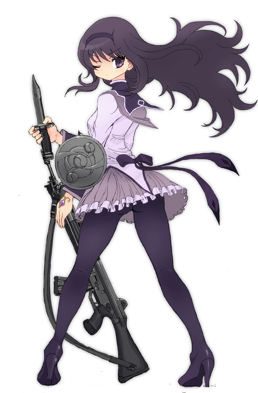 akemi_homura amulet ass assault_rifle bayonet black_legwear boots bow floating_hair gun hairband high_heels highres howa_type_89 legs_apart long_hair looking_back magical_girl mahou_shoujo_madoka_magica one_eye_closed pantyhose purple_eyes purple_hair ribbon rifle shield shoes skirt sling thigh_boots thighhighs toshi_(little-fluffy-cloud) weapon