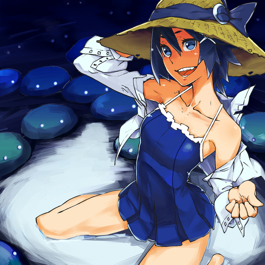 :d blue_dress blue_eyes blue_hair collarbone dress from_above full_body hat highres long_hair looking_at_viewer looking_up one-piece_swimsuit open_mouth original school_swimsuit sleeveless sleeveless_dress smile solo sundress swimsuit ukkari witch_hat