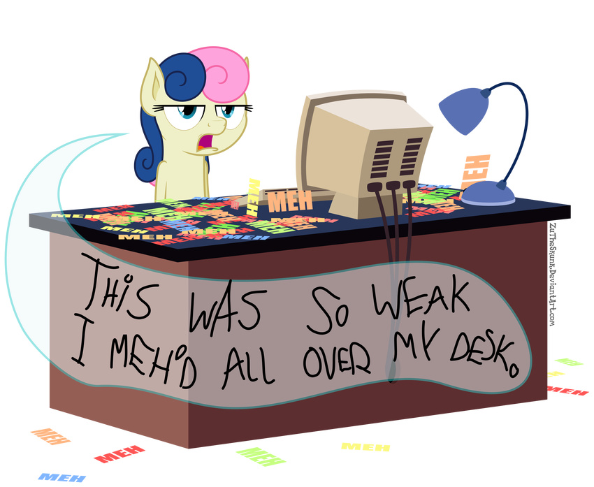 absurd_res alpha_channel blue_eyes bonbon_(mlp) computer desk dialog english_text equine female friendship_is_magic hair hi_res horse lamp looking_at_viewer mammal meh monitor my_little_pony plain_background pony solo text transparent_background two_tone_hair zutheskunk