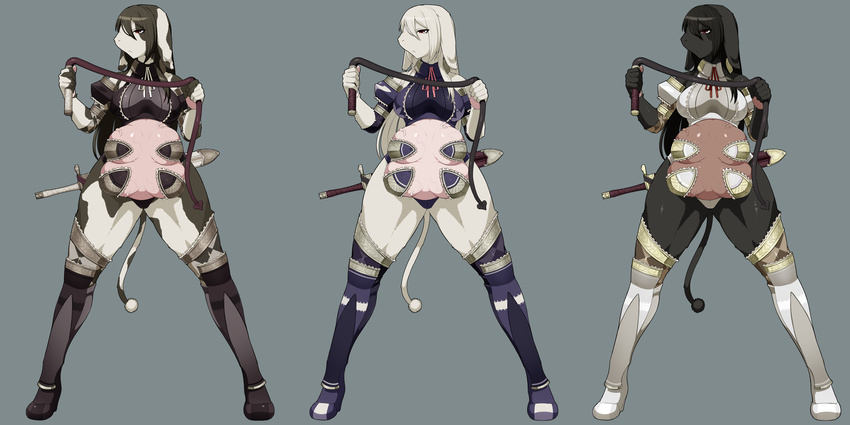 3girls absurdres armor boots cow gff highres multiple_girls qlinicx red_eyes sword tail weapon