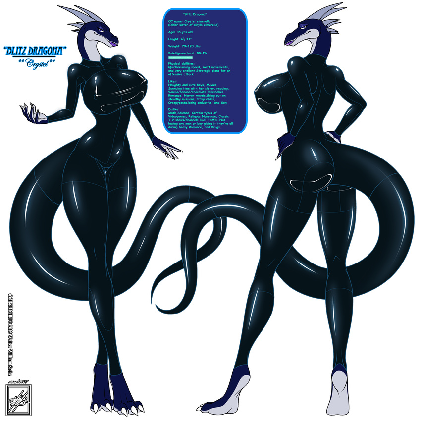 absurd_res alpha_channel big_breasts blue_eyes blue_skin breasts butt claws clothing dragon female hi_res hindpaw horn lips looking_back paws purple_lips reptile scalie smile solo spandex spandex_suit standing thighs tight_clothing walter_sache white_skin wide_hips