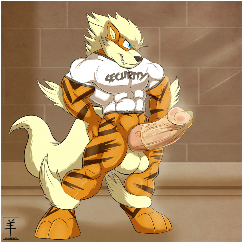 aaron_(artist) abs anthro arcanine balls biceps big_balls big_muscles big_penis black_nose blonde_hair blue_eyes body_markings bottomless bouncer brown_fur canine clothing condom dog erection fangs fur grin hair male mammal markings muscles nintendo orange_fur paws pecs penis pepsi_(fa) pok&#233;mon pok&#233;morph pok&eacute;mon precum presenting security sheath shirt smile solo standing stripes tan_fur teeth thick_penis toned vein video_games wall wearing_condom yellow_fur