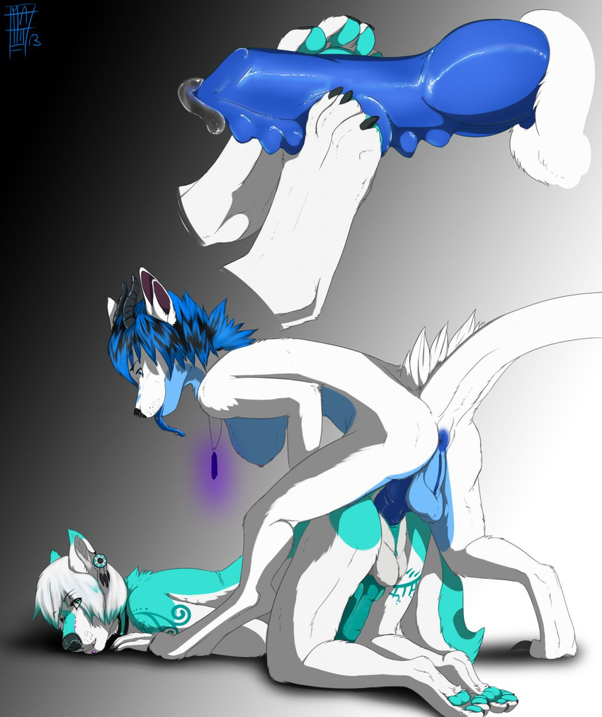 anthro anus artica artica_sparkle ass_up balls blaze_(marking) blue_anus blue_markings blue_penis blue_tongue breasts butt canine close-up cyan_highlights cyan_pawpads dragon duo dyed_hair erection foot_fetish foot_focus footjob from_behind fur glowing herm herm_on_herm homogenousrule horn intersex knot mammal markings nipples pawpads penetration penis piercing precum pussy raised_tail scalie sex side_boob teal_fur teal_markings teal_penis teal_pussy tongue tongue_piercing vaginal vaginal_penetration white_dragon wolf