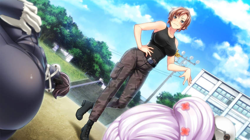 16:9 3girls bare_shoulders belt blue_eyes blush bodysuit boots breasts brown_hair building camouflage cloud game_cg gun_knight_girl hand_on_hip hand_on_hips komiya_tamaki large_breasts lying male_hand military multiple_girls purple_hair short_hair sky smile stairs standing sumeragi_kohaku tank_top tree