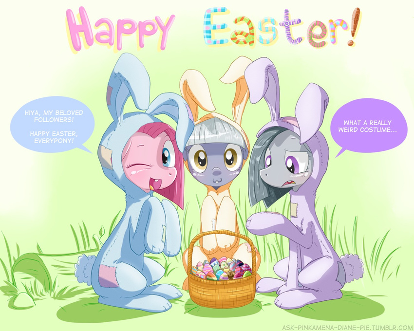 basket blinkie_pie_(mlp) blue_eyes blush bunny_suit bunnysuit cottontail easter_egg english_text equine female feral frankier77 friendship_is_magic fur grass grey_fur grey_hair hair holidays horse inkie_pie_(mlp) looking_at_viewer mammal my_little_pony one_eye_closed open_mouth pink_fur pink_hair pinkie_pie_(mlp) pony purple_eyes sibling text wink yellow_eyes
