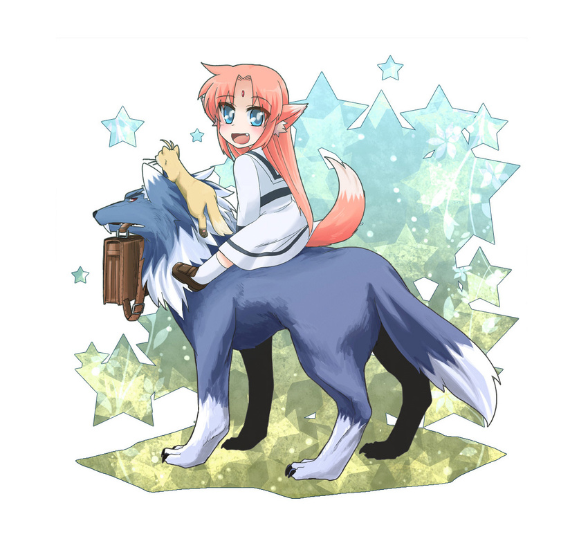 :d alternate_costume animal_ears arf backpack bag blue_eyes claws ebi_no_hito fang fangs ferret forehead_jewel long_hair lyrical_nanoha mahou_shoujo_lyrical_nanoha_strikers mouth_hold open_mouth orange_hair red_eyes riding school_uniform smile socks star tail wolf wolf_ears wolf_tail yuuno_scrya zafira