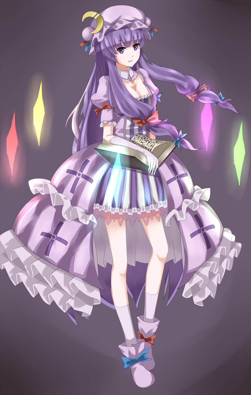 adapted_costume book boots breasts cleavage crescent crystal detached_collar full_body gloves gosledging hair_ribbon hat highres long_hair medium_breasts patchouli_knowledge purple_hair ribbon simple_background solo touhou