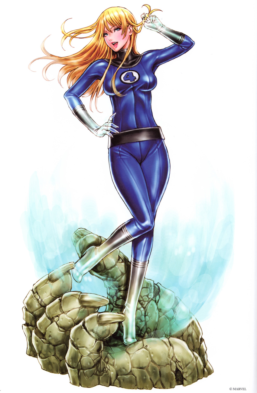 1girl :d absurdres adjusting_hair arm_up bangs belt blonde_hair blue_eyes blush bodysuit boots claws crack fantastic_four fingernails floating_hair full_body giganto_(fantastic_four) gloves glowing hair_between_eyes hair_twirling hand_on_hip hands high_heels highres holding invisible_woman knee_boots leg_lift light_particles lipstick long_fingernails long_hair looking_at_viewer makeup marvel monster naughty_face number open_mouth rock shiny shiny_clothes shirt shoes simple_background size_difference smile standing standing_on_one_leg superhero susan_storm taut_clothes taut_shirt turtleneck white_background yamashita_shun'ya yamashita_shun'ya