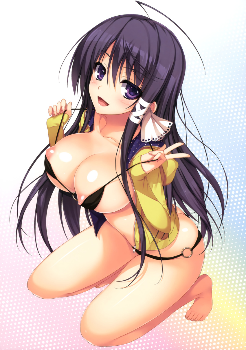 :d absurdres ahoge bare_legs barefoot bikini black_bikini black_hair breasts butt_crack cleavage collarbone dengeki_moeou erect_nipples feet highres hood hooded_jacket hoodie huge_filesize jacket kneeling large_breasts long_hair mizuno_rin nipple_slip nipples o-ring_bikini o-ring_bottom open_mouth possible_duplicate purple_eyes reminiscence scan smile solo string_bikini swimsuit swimsuits toes tomose_shunsaku very_long_hair