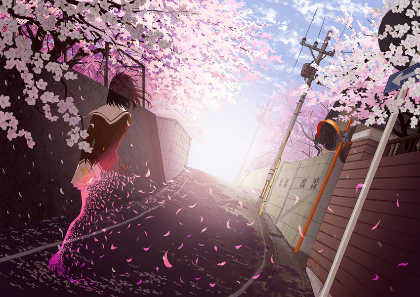 arms_behind_back bad_id bad_pixiv_id black_hair chain-link_fence cherry_blossoms day dissolving dutch_angle fading fence from_behind goke_shike_(altamira05) original outdoors perspective petals power_lines road road_sign scenery school_uniform serafuku short_hair sign solo street telephone_pole traffic_mirror transformer vocaloid