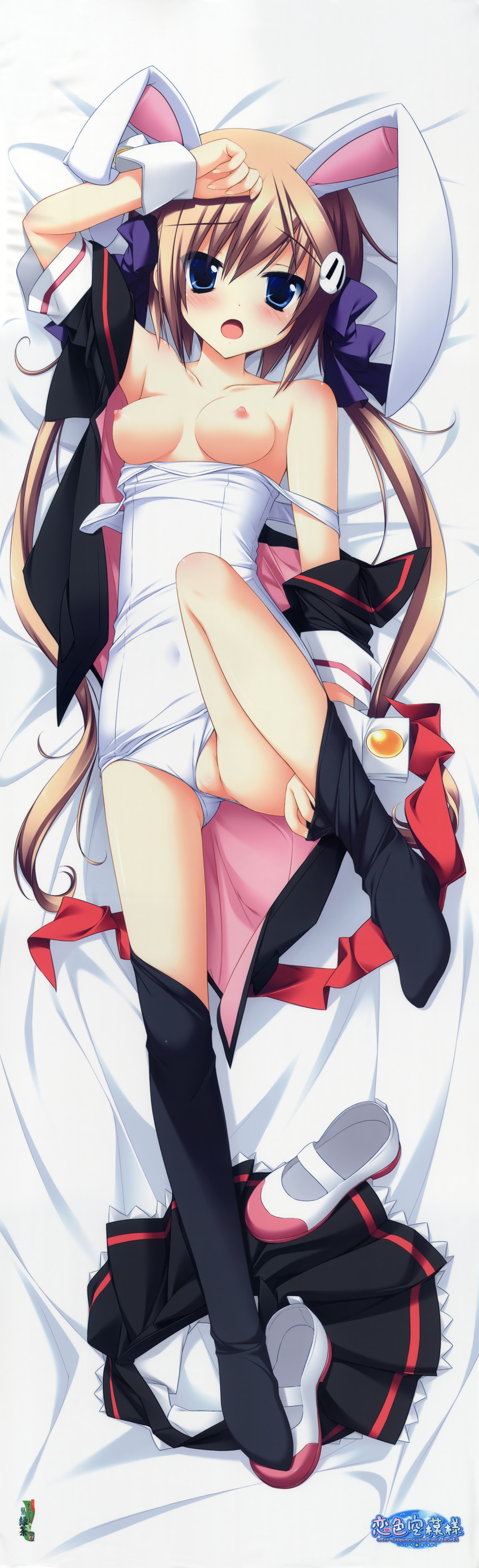 absurdres animal_ears arm_up black_legwear blue_eyes blush breasts brown_hair bunny_ears d: dakimakura full_body gotou_nao hair_ornament hairclip highres huge_filesize koiiro_soramoyou leg_up legs lying medium_breasts nipples no_pussy on_back one-piece_swimsuit open_clothes open_mouth open_shirt school_swimsuit school_uniform shinohara_sera shirt shoes shoes_removed skirt skirt_removed solo swimsuit swimsuit_aside swimsuit_pull thighhighs thighhighs_pull twintails uwabaki white_school_swimsuit white_swimsuit wrist_cuffs