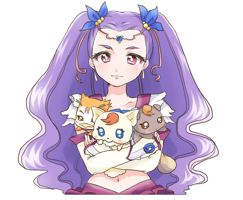 circlet coco_(yes!_precure_5) creature gloves long_hair magical_girl midriff milk_(yes!_precure_5) milky_rose mimino_kurumi mobuko_(akita_komachi) navel nuts_(yes!_precure_5) pink_eyes precure purple_hair smile syrup_(yes!_precure_5) white_background yes!_precure_5 yes!_precure_5_gogo!