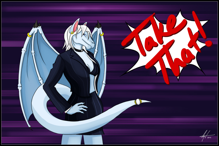 ace_attorney blue_body breasts clothing collar dragon female furry-specific_piercing grin hair herm intersex jacket jewelry lawyer looking_at_viewer lycanthropicfae parody phoenix_wright piercing scalie skirt smirk source_request suit vishki white_hair wing_piercing wings