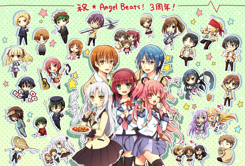 6+girls absolutely_everyone angel_beats! axe baseball battle_axe char_(angel_beats!) chibi eating everyone extra feathers flower food fujimaki_(angel_beats!) guitar highres hinata_(angel_beats!) hisako_(angel_beats!) igarashi_(angel_beats!) instrument irie_(angel_beats!) iwasawa mapo_doufu matsushita microphone multiple_boys multiple_girls nakamura_hinato naoi_ayato noda_(angel_beats!) ooyama_(angel_beats!) otonashi_(angel_beats!) otonashi_hatsune pinwheel saitou_(angel_beats!) scarf school_uniform sekine serafuku shiina_(angel_beats!) shinda_sekai_sensen_uniform sleeves_rolled_up spoon takamatsu takeyama_(angel_beats!) tenshi_(angel_beats!) tk_(angel_beats!) weapon yui_(angel_beats!) yuri_(angel_beats!) yusa_(angel_beats!)