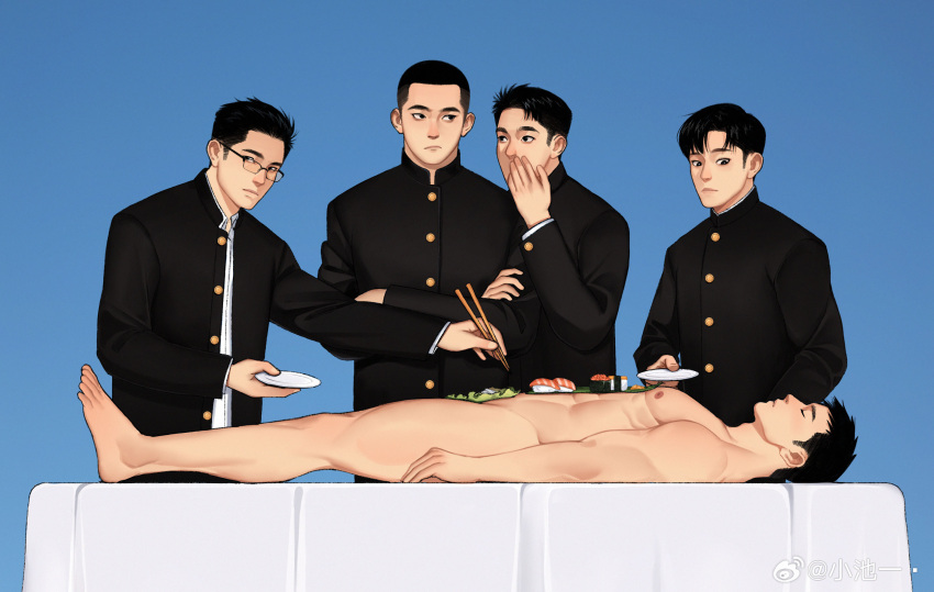 5boys abs black-framed_eyewear black_eyes black_hair black_jacket blue_background buzz_cut chioneoc chopsticks closed_eyes closed_mouth covering_mouth cowboy_shot crossed_arms fish_(food) food food_on_body from_side full_body gakuran glasses hand_on_another's_arm hand_over_own_mouth highres holding holding_chopsticks holding_plate jacket looking_at_another looking_to_the_side lying male_focus multiple_boys nipples nude on_back on_table original plate rectangular_eyewear sashimi school_uniform short_hair simple_background sushi table very_short_hair whispering