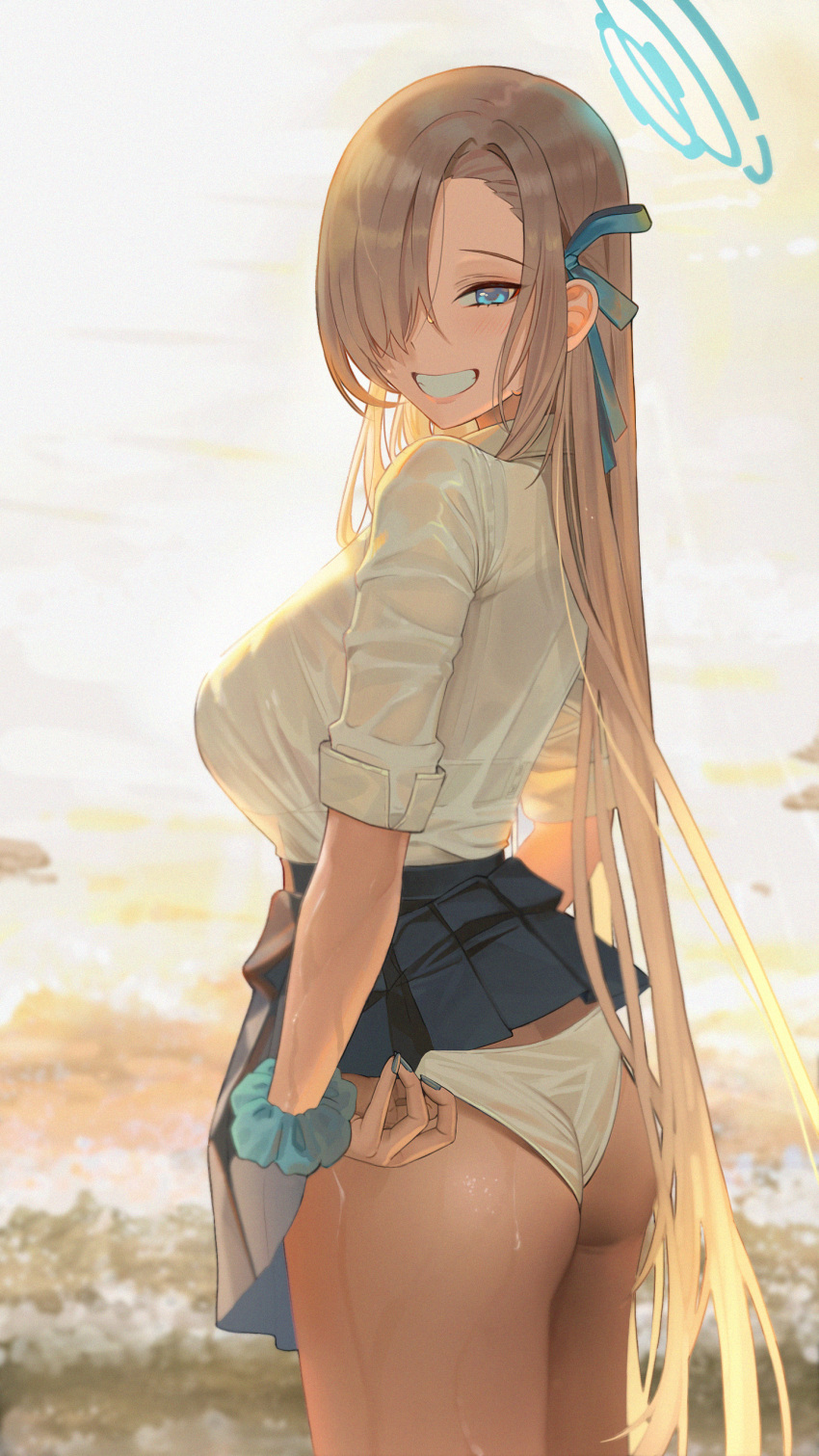 1girl :d absurdres ass asuna_(blue_archive) blue_archive blue_bow blue_eyes blue_halo blue_nails bow bra breasts clenched_teeth commentary day hair_over_one_eye halo highres honnou_(kjs9504) large_breasts light_brown_hair long_hair looking_at_viewer looking_back outdoors panties panty_pull pleated_skirt school_uniform scrunchie see-through see-through_shirt shirt skirt smile solo teeth underwear very_long_hair water wet wet_clothes white_panties white_shirt wrist_scrunchie