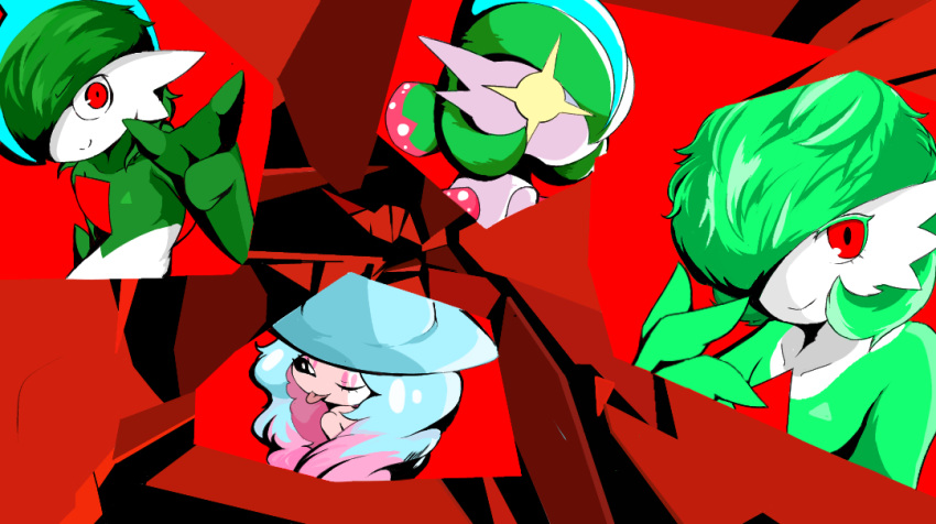 +_+ 1boy 3girls black_sclera blue_hair blue_headwear bob_cut breaking closed_mouth collarbone collared_dress colored_eyelashes colored_sclera colored_skin commentary_request dress flat_chest gallade gardevoir green_hair green_skin hair_over_one_eye hand_up happy hat hatterene iron_valiant kanimiso_na_double messy_hair mohawk multicolored_hair multicolored_skin multiple_girls one_eye_closed one_eye_covered persona persona_5 pink_hair pokemon pokemon_(creature) red_background red_hair short_hair smile split_mouth tongue tongue_out twintails two-tone_hair two-tone_skin upper_body v-shaped_eyebrows white_eyes white_skin witch_hat