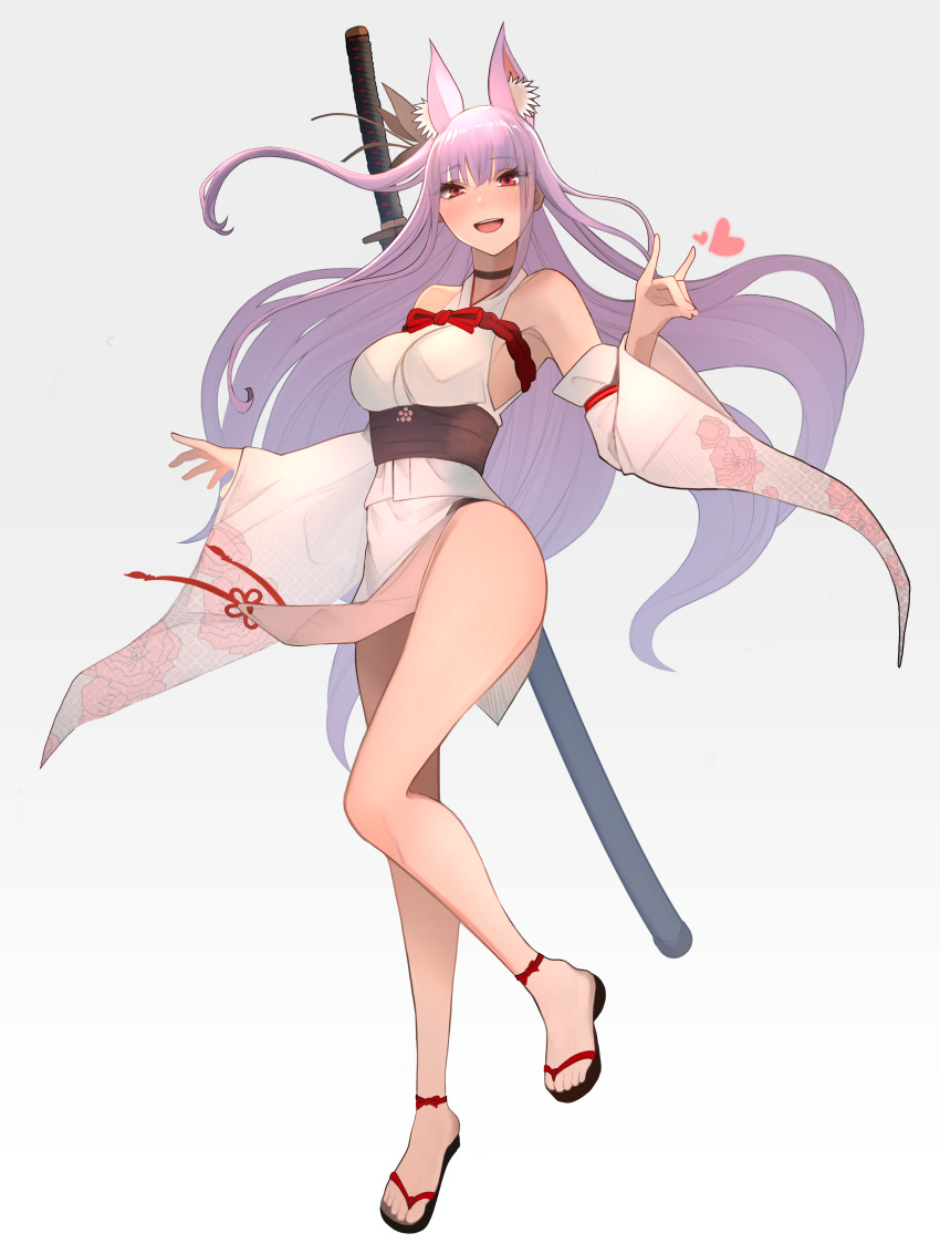 1girl :d absurdres animal_ears bare_shoulders blush bow breasts detached_sleeves fox_ears fox_girl full_body heart highres indie_virtual_youtuber japanese_clothes kamishiro_natsume katana kitsune legs long_hair looking_at_viewer medium_breasts ootachi open_mouth over_shoulder purple_hair red_bow red_eyes sandals sheath sheathed simple_background smile solo standing sword sword_behind_back toes virtual_youtuber weapon weapon_over_shoulder white_background wide_sleeves yuuhi_(yuuvi83) zouri