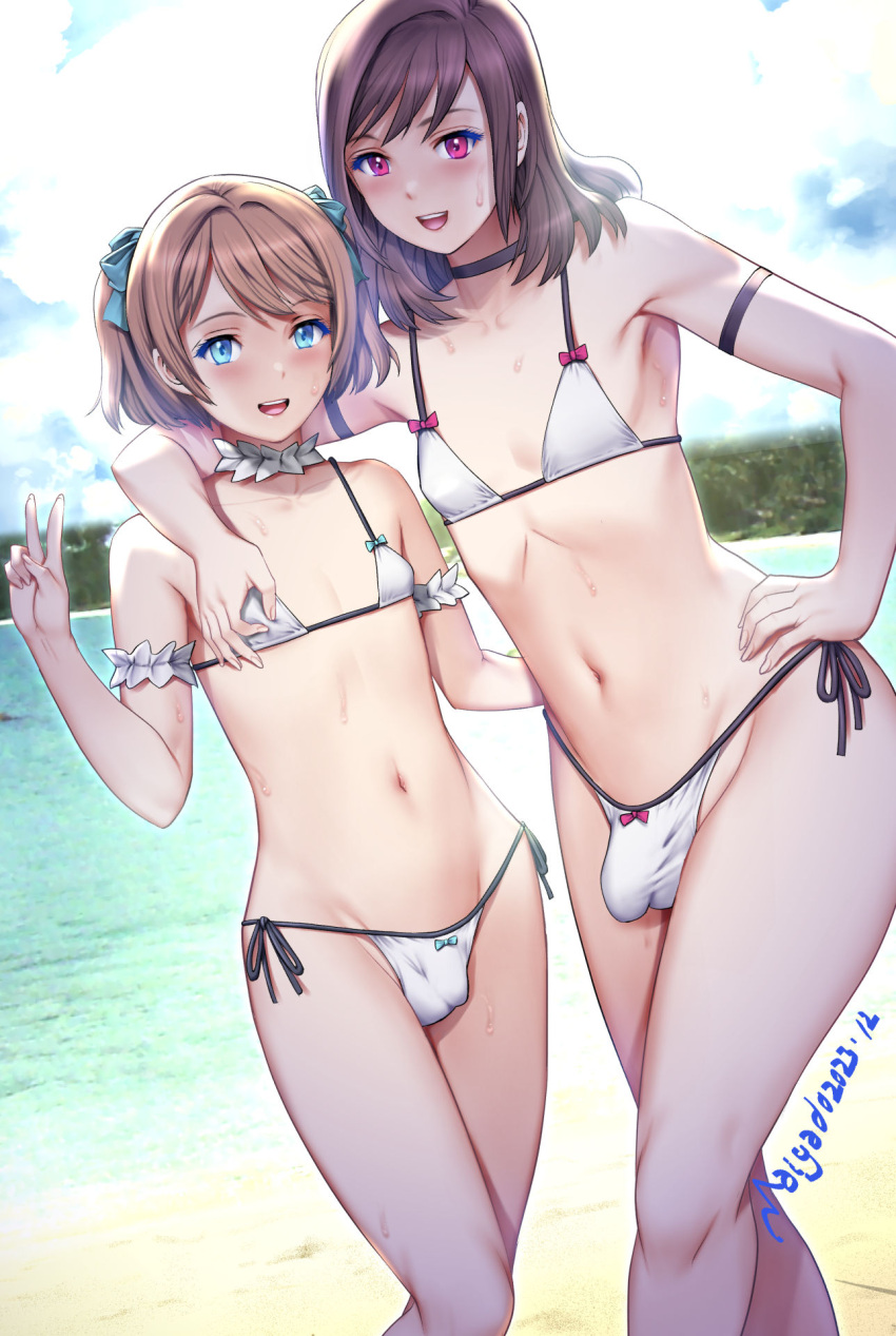 2boys :d aqua_bow armpits artist_name beach bikini black_choker blue_eyes blue_sky blurry blurry_background bow brown_hair bulge choker crossdressing dated day feet_out_of_frame hair_bow hand_on_own_hip hand_up highres legs male_focus medium_hair micro_bikini multiple_boys navel original otoko_no_ko outdoors purple_eyes saigado short_hair side-tie_bikini_bottom sky smile stomach sweatdrop swimsuit two_side_up v white_bikini