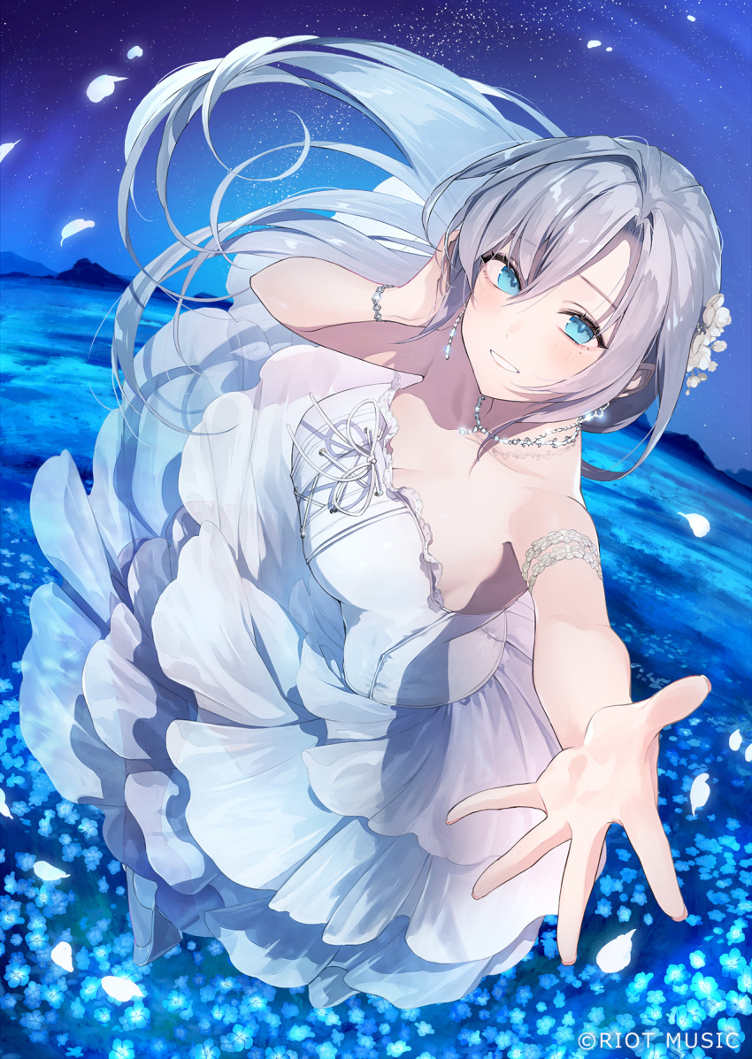 1girl armlet beckoning blue_eyes blue_flower blush bracelet breasts cleavage copyright_notice cross-laced_clothes dress earrings falling_petals field fingernails flower flower_field full_body grey_hair hair_between_eyes hair_flower hair_ornament hand_in_own_hair high_heels highres jewelry knees_up large_breasts layered_dress long_hair mole mole_under_eye mountain necklace nemophila_(flower) night official_art okeno_kamoku open_hand outdoors outstretched_arm parted_lips petals riot_music see-through see-through_dress sidelocks sky smile solo star_(sky) starry_sky strapless strapless_dress sumeragi_miona virtual_youtuber white_dress white_flower white_footwear