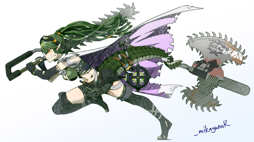 1girl arknights artist_name breasts cape collared_cape crocodilian_tail dreadlocks gavial_(arknights) gavial_the_invincible_(arknights) goggles goggles_on_head gradient_background green_hair green_skirt grin hand_up highres holding holding_weapon holding_with_tail long_hair looking_to_the_side mask mask_around_neck medium_breasts mikagura oripathy_lesion_(arknights) pink_cape pleated_skirt pointy_ears prehensile_tail reptile_girl respirator running sharp_teeth skirt smile tail teeth twitter_username two-sided_cape two-sided_fabric weapon white_background yellow_eyes