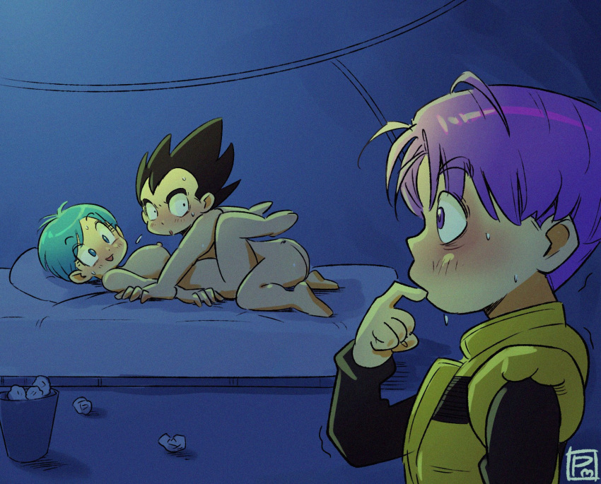 1girl 2boys aqua_hair ass barefoot blonde_hair blush breasts bulma caught dragon_ball dragon_ball_super father_and_son feet hetero highres husband_and_wife mother_and_son multiple_boys nipples nude open_mouth pink_mousse pointy_hair sex short_hair trunks_(dragon_ball) vegeta