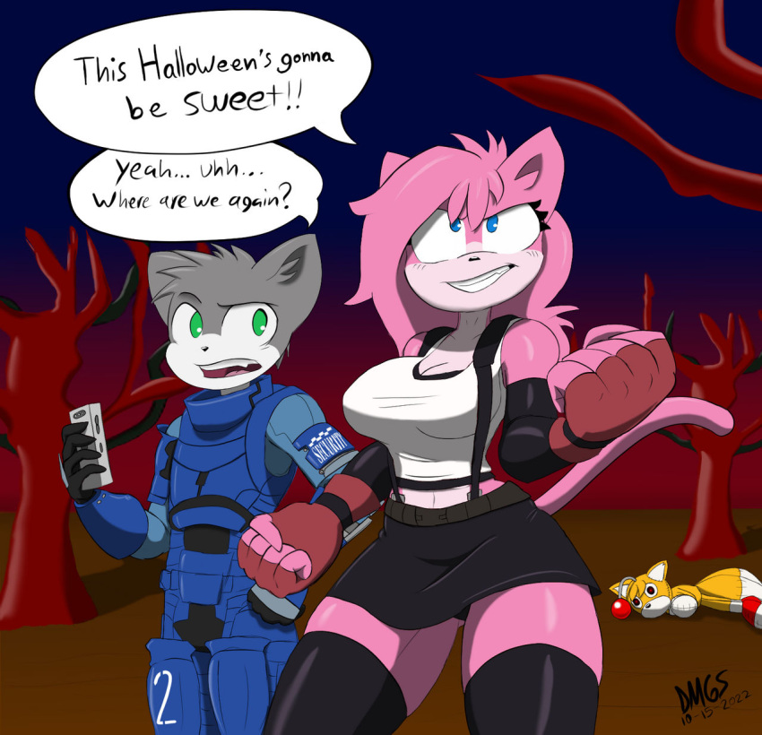 aeris_(vg_cats) anthro bottomwear clothing dmgslinky2025 duo female fingerless_gloves gloves halloween handwear hi_res holidays legwear leo_(vg_cats) male skirt stockings suspenders vg_cats webcomic