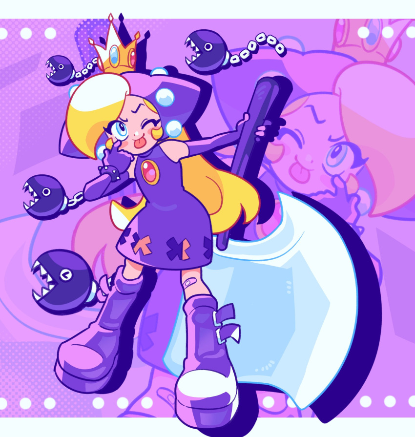 1girl :p akanbe axe bandaid bare_shoulders blonde_hair blue_eyes boots bracelet brooch chain_chomp crown dress eyelid_pull full_body gem gloves highres holding holding_weapon hooded_dress jewelry long_hair loveycloud mario_(series) mario_power_tennis mario_tennis mini_crown open_mouth purple_background purple_dress purple_footwear purple_gloves red_gemstone sleeveless sleeveless_dress spiked_bracelet spikes tongue tongue_out warupeach weapon wrist_cuffs