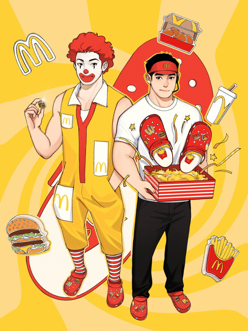2boys afro badge black_hair black_pants box burger button_badge chioneoc clown crocs cup facepaint fast_food food french_fries full_body hand_in_pocket headset highres holding holding_box jumpsuit looking_at_viewer male_focus mcdonald's multiple_boys original pants pectoral_cleavage pectorals red_hair red_nose ronald_mcdonald shirt smile socks star_(symbol) streamers striped striped_socks visor_cap white_shirt yellow_jumpsuit