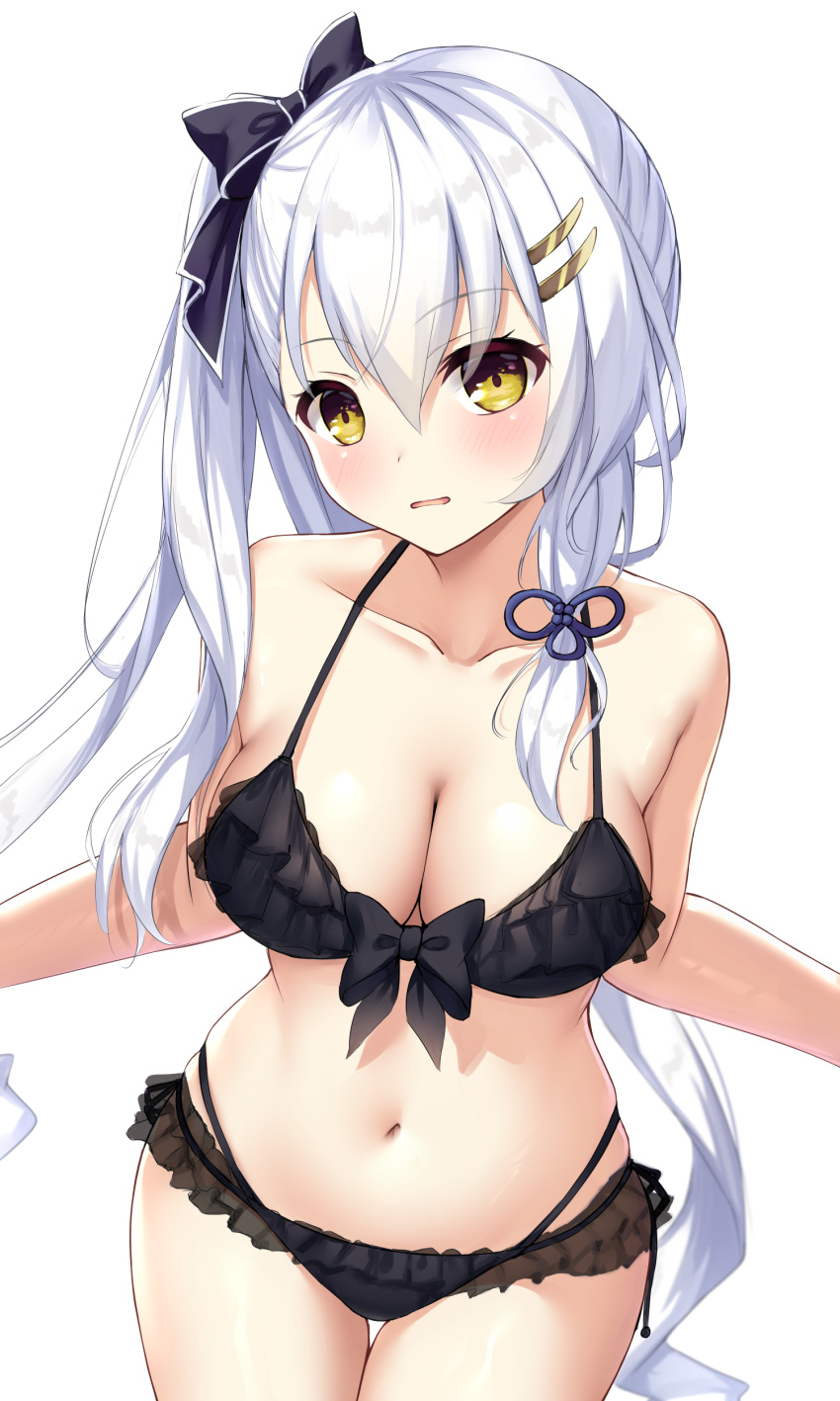 1girl absurdres bare_arms bare_shoulders bikini black_bikini black_bow blush bow bow_bikini breasts cleavage collarbone commentary_request cowboy_shot curvy eyelashes eyes_visible_through_hair frilled_bikini frills hair_between_eyes hair_bow hair_ornament hairclip halterneck head_tilt highres kizuna_kirameku_koi_iroha large_breasts long_hair looking_at_viewer navel ncontrail_(mgax7527) open_mouth side_ponytail simple_background solo standing stomach suzakuin_tsubaki swimsuit thigh_gap very_long_hair w_arms white_background white_hair yellow_eyes