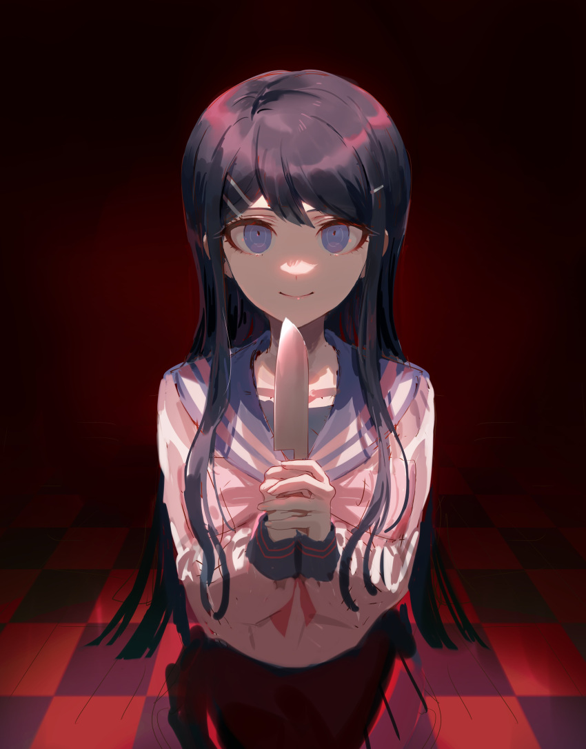 1girl absurdres black_hair blue_eyes blue_sailor_collar bow bowtie breasts checkered_floor closed_mouth collarbone danganronpa:_trigger_happy_havoc danganronpa_(series) fug_uai hair_ornament hairclip hands_up highres holding holding_knife knife large_breasts long_hair maizono_sayaka miniskirt own_hands_together pink_bow pink_bowtie red_background sailor_collar shirt skirt smile solo white_shirt