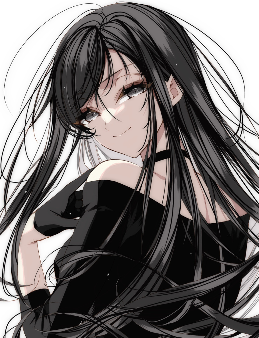 1girl bare_shoulders black_choker black_eyes black_gloves black_hair choker gloves highres light_particles long_hair looking_back misteor original smile solo