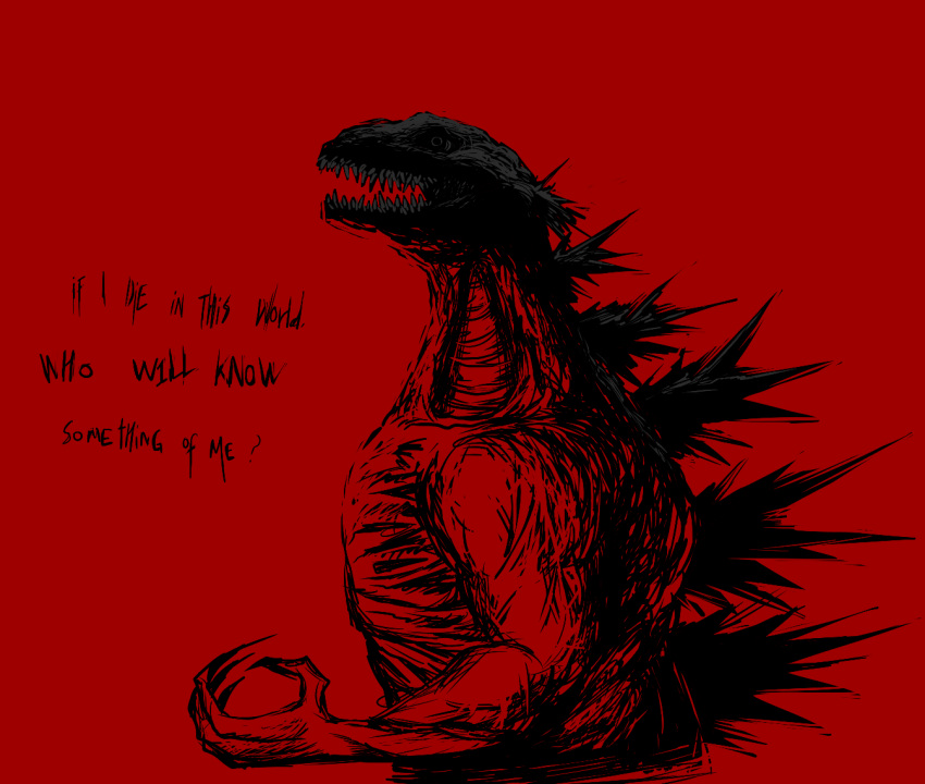 ambiguous_gender anthro black_and_red english_text godzilla godzilla_(series) half-length_portrait kaiju long_fingers muscular muscular_ambiguous muscular_anthro open_mouth portrait red_background reptile scalie sharp_teeth side_view simple_background solo teeth text toho voideyedpanda