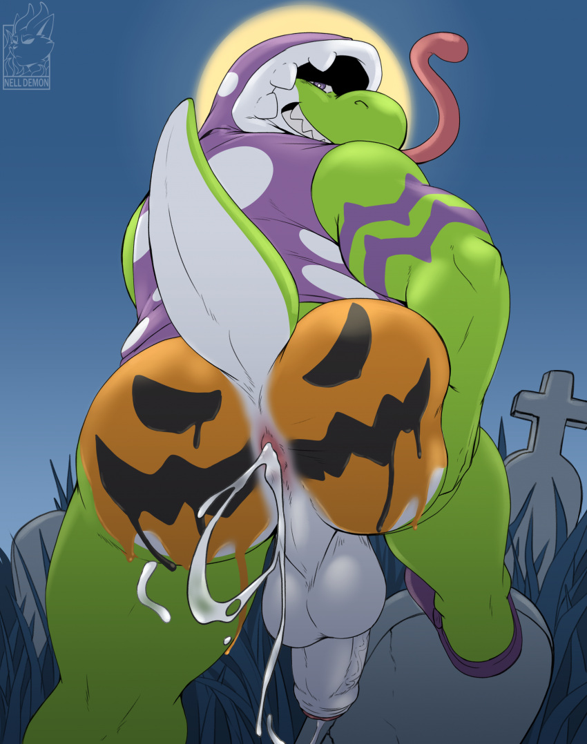2023 anthro anus backsack balls bodily_fluids bodypaint bottomless butt butt_squish cemetery clothed clothing cum cum_expulsion cum_fart cum_from_ass cum_in_ass cum_inside dripping genital_fluids genitals green_yoshi halloween hand_on_butt hi_res holidays long_tongue looking_back male mario_bros markings moon nelldemon nintendo painted_butt perineum precum precum_drip presenting presenting_anus presenting_hindquarters pumpkin_butt purple_markings raised_tail rear_view scalie shadowed_eyes sleeveless_hoodie solo squish tail tombstone tongue veni_(nkz) yoshi