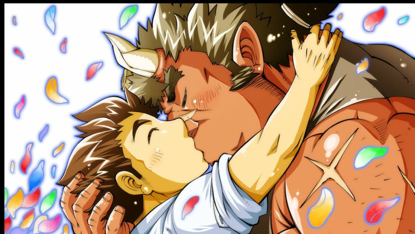 2boys bara beard_stubble black_border black_tank_top blue_outline blush bombom border broken_horn brown_hair closed_eyes collared_shirt colored_skin game_cg hand_on_another's_head hand_on_another's_neck horns kiss long_sideburns low_ponytail male_focus monster_boy multiple_boys muscular muscular_male official_art ogre oni_horns orgus_(f-kare) outline petals pointy_ears protagonist_(f-kare) red_skin scar scar_on_face scar_on_nose scar_on_shoulder shirt short_hair shoukan_yuusha_to_f-kei_kareshi sideburns tank_top thick_eyebrows upper_body white_background white_shirt yaoi