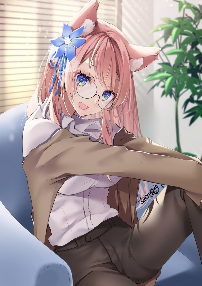 1girl :d akatsuki_hijiri animal_ear_fluff animal_ears backlighting black-framed_eyewear blue_eyes blue_flower blue_ribbon blurry blurry_background breasts brown_pants collared_shirt commentary commission eyelashes flower glasses hair_flower hair_ornament hair_ribbon happy highres hizuki_rurufu hugging_own_legs impossible_clothes indoors knee_up light_blush long_hair long_sleeves looking_at_viewer medium_breasts open_mouth pants pink_hair plant potted_plant ribbon round_eyewear shirt sidelocks signature sitting skeb_commission smile snack_nili solo straight_hair symbol-only_commentary tail virtual_youtuber white_shirt wolf_ears wolf_girl wolf_tail