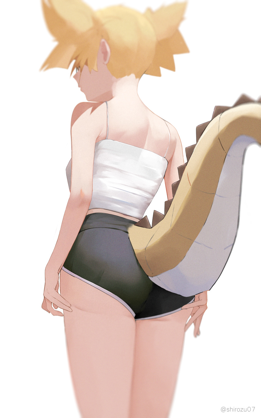 1girl absurdres ass black_shorts blonde_hair borrowed_character camisole dinosaur_girl dinosaur_tail from_behind highres kikiis_art micro_shorts original shorts simple_background solo tail tail_through_clothes twintails white_background white_camisole