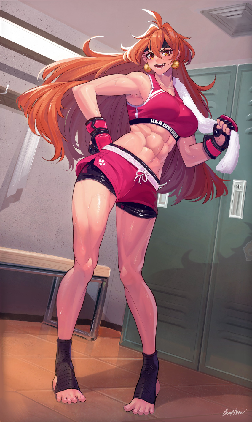 abs absurdres bench buttslayer earrings gloves highres jewelry lina_inverse locker locker_room long_hair muscular muscular_female orange_eyes orange_hair shorts slayers sweat tank_top toned towel_on_one_shoulder