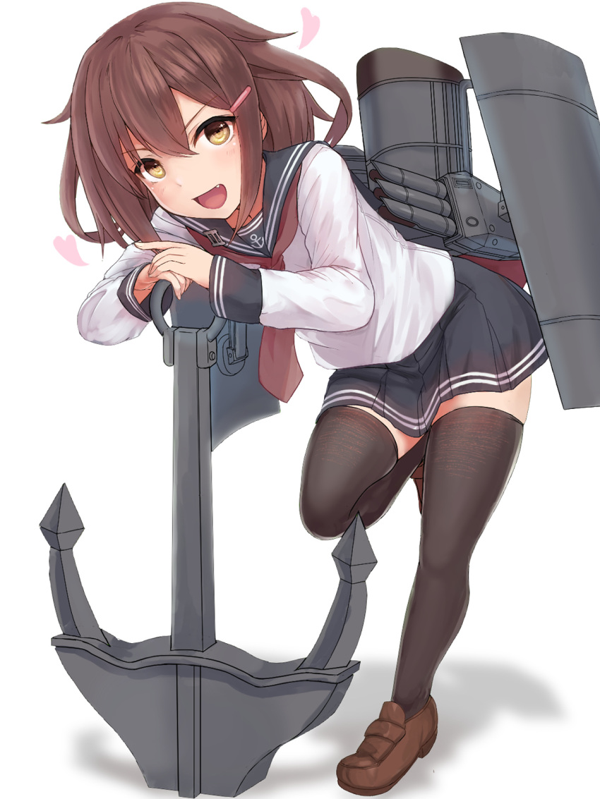 1girl anchor anchor_symbol black_sailor_collar black_skirt black_thighhighs blush brown_eyes brown_footwear brown_hair em_s fang hair_between_eyes heart highres ikazuchi_(kancolle) kantai_collection long_sleeves looking_at_viewer neckerchief open_mouth pleated_skirt red_neckerchief sailor_collar school_uniform serafuku shoes short_hair simple_background skirt smile solo standing standing_on_one_leg thighhighs white_background