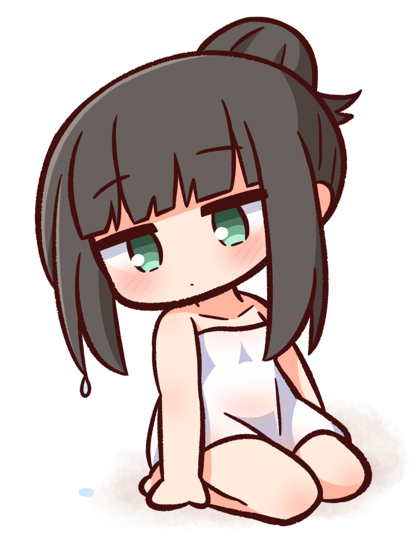 1girl bare_arms bare_shoulders barefoot black_hair blush chibi closed_mouth collarbone full_body green_eyes hair_bun hana_kazari highres long_hair looking_at_viewer naked_towel original seiza sidelocks single_hair_bun sitting solo towel wet wet_hair white_background